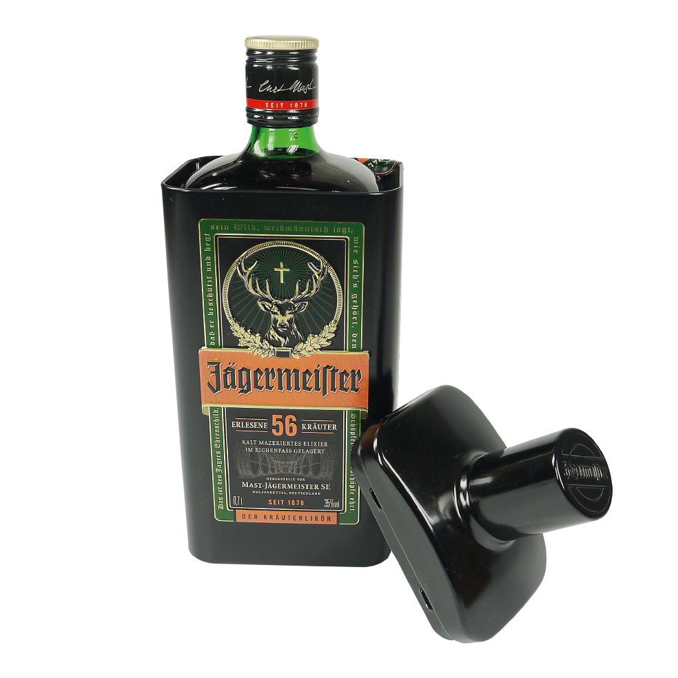 Blechdose in Form einer Jägermeisterflasche mit dem Logo von Jägermeister