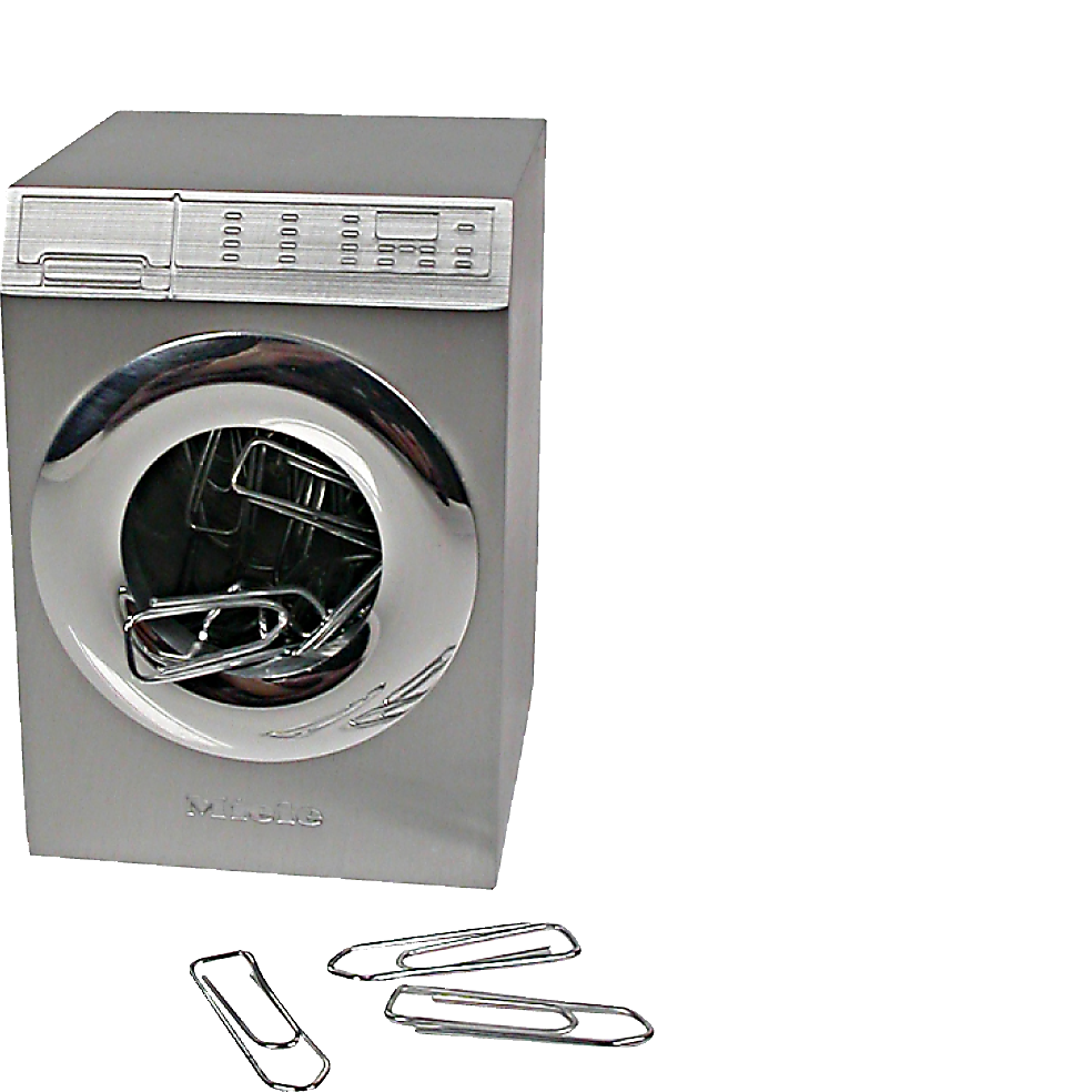Büroklammernhalter in Form einer Waschmaschine mit dem Logo von Miele