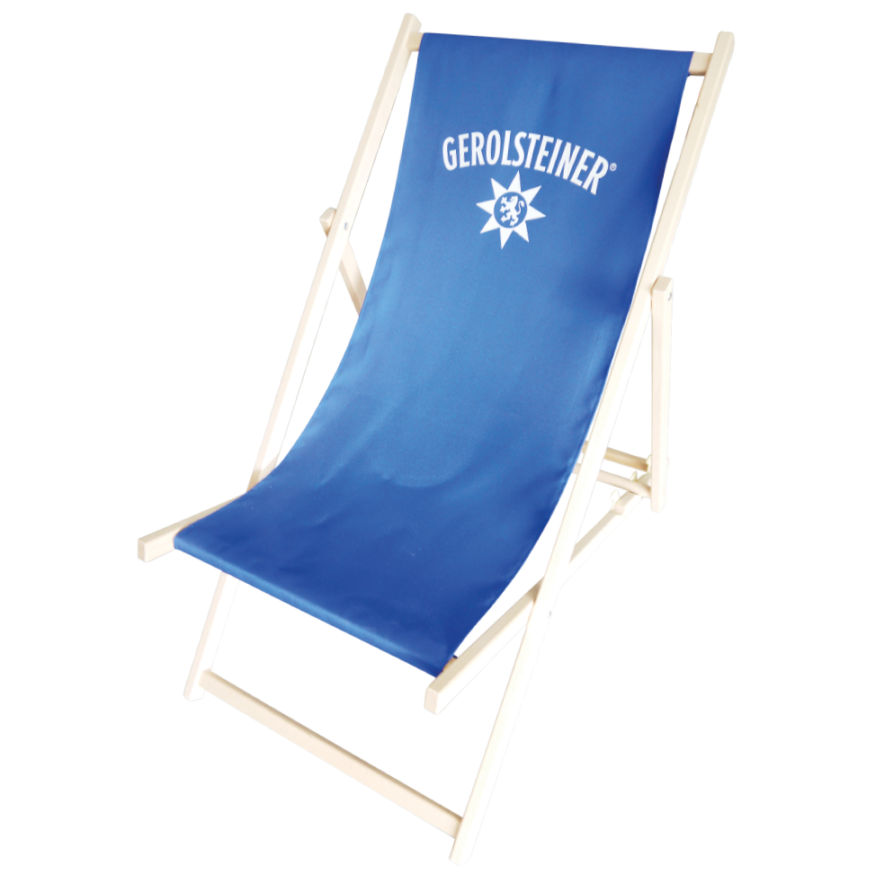 Strandstuhl mit dem Logo von Gerolsteiner