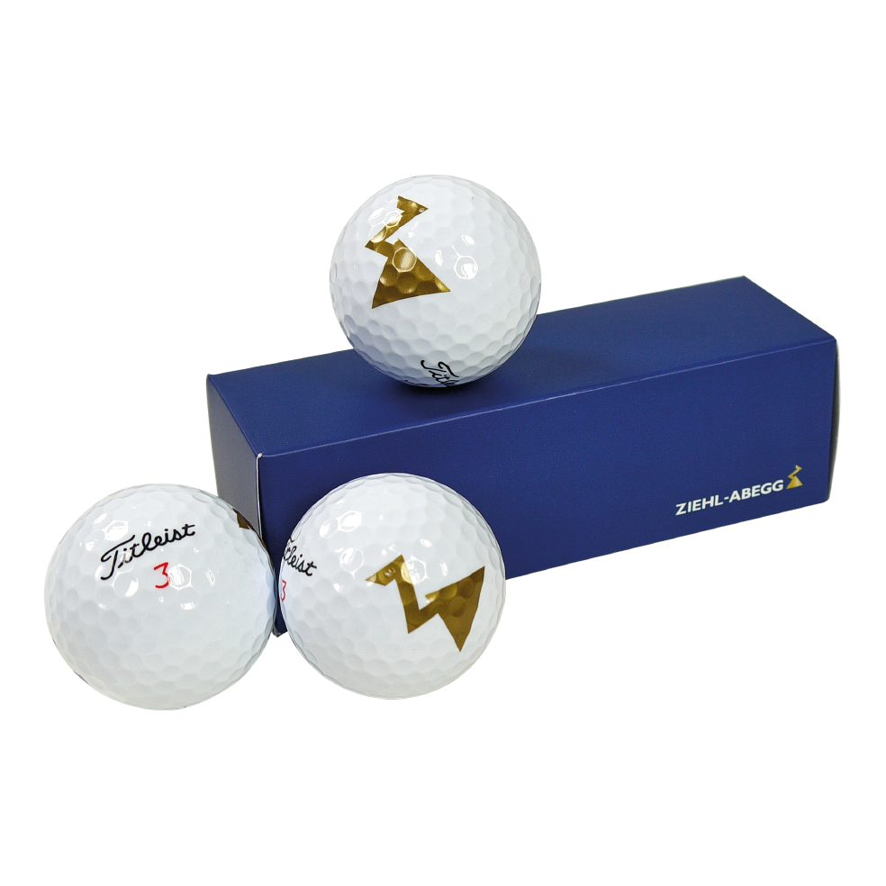 Golfbälle mit Verpackungsbox und dem Logo von Ziehl-ABEGG