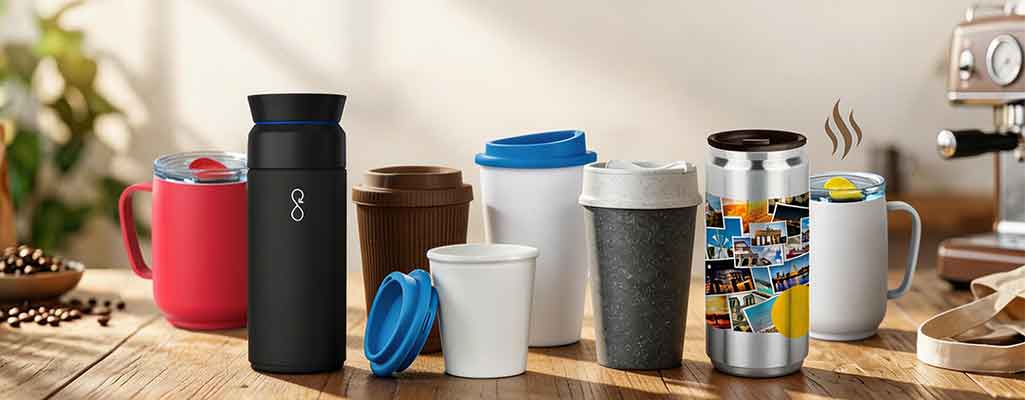 Nachhaltige to go Becher Collage von vielen Möglichkeiten