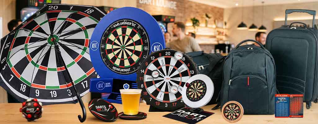 Werbeartikel für Darts WM - Collage verschiedener Dartwerbeartikel