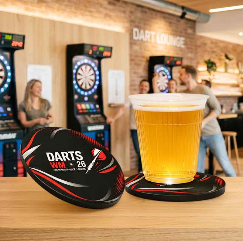 Werbeartikel für Darts WM - LED Bierdeckel in Dartoptik